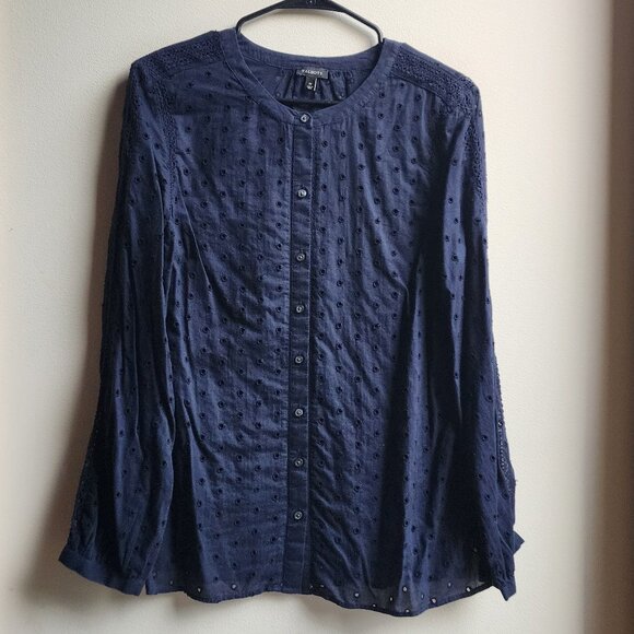 Talbots Navy Blue Eyelet Lace Button Down Shirt Size Medium - Picture 6 of 13